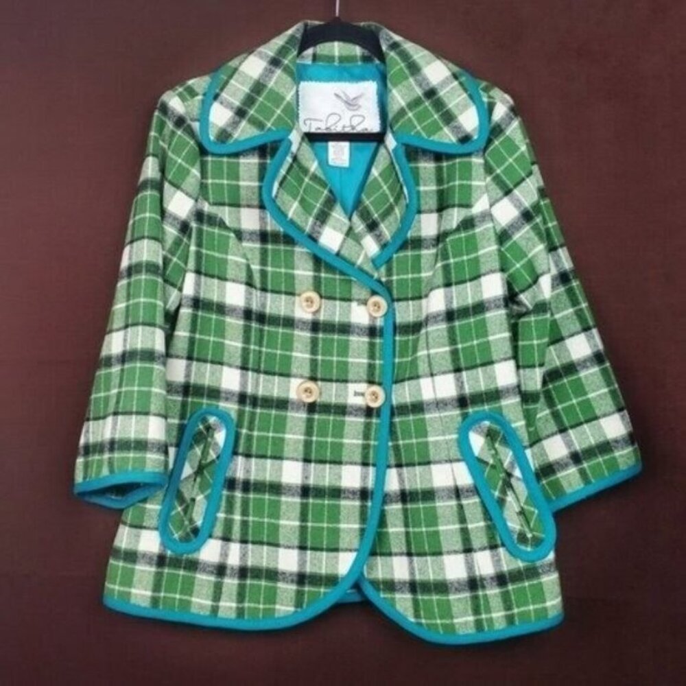 Anthropologie Tabitha Womens Green Ivory Plaid Wool Blend Pea Coat Jacket Size S